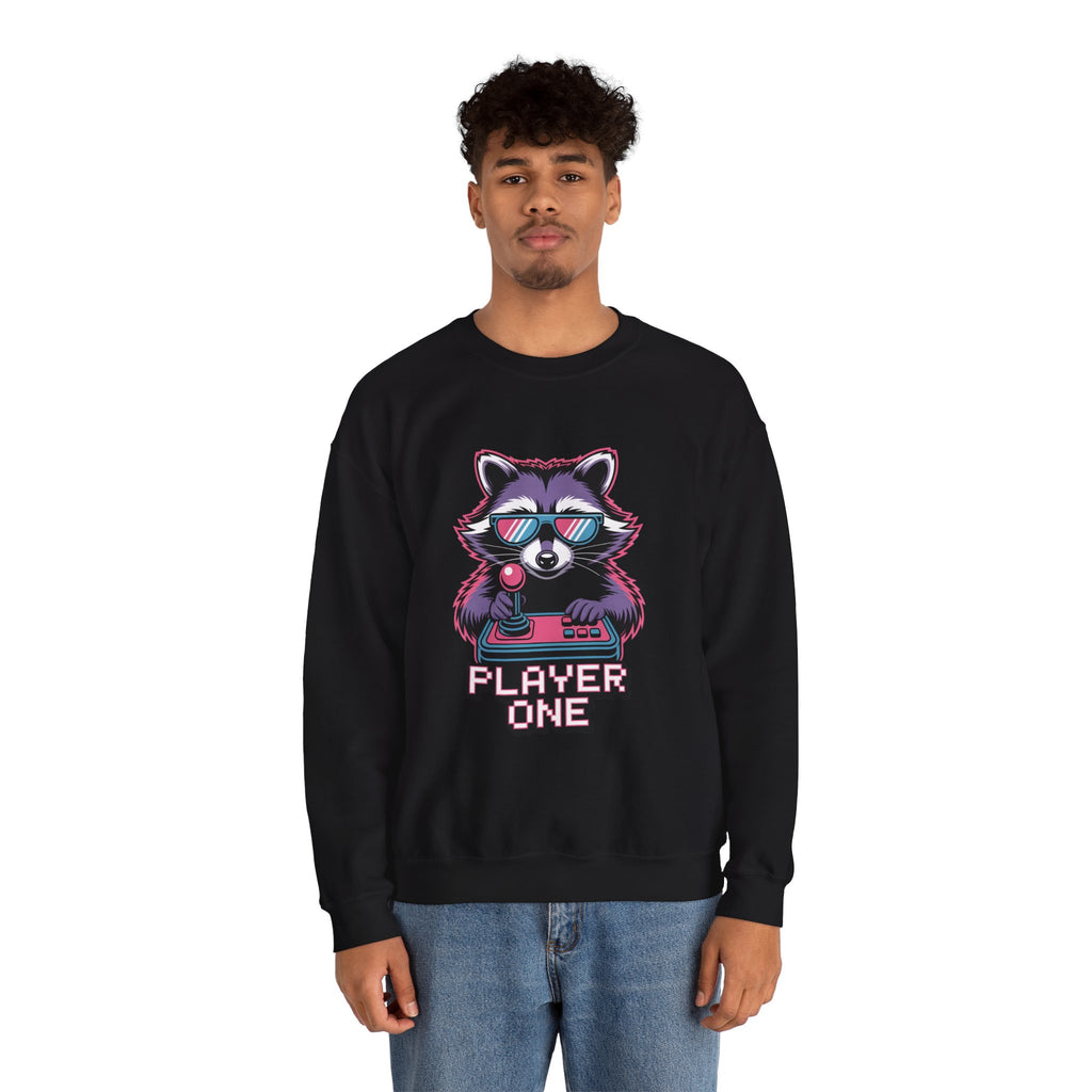 Player One Raccoon Crewneck | 80s Retro Gamer Sweater