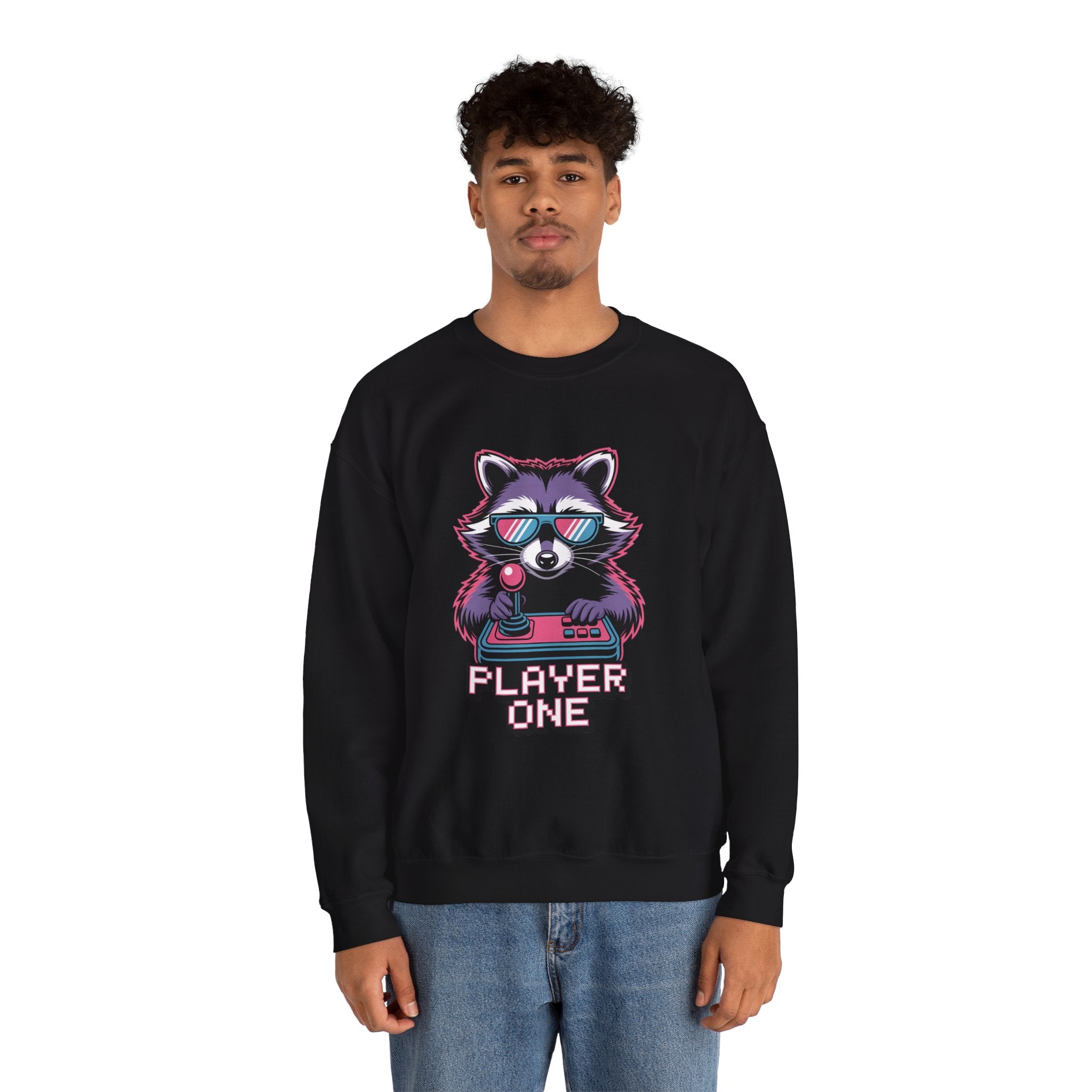 Player One Raccoon Crewneck | 80s Retro Gamer Sweater