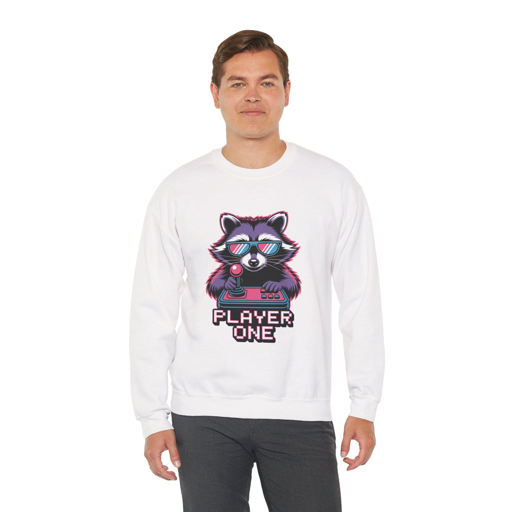 Player One Raccoon Crewneck | 80s Retro Gamer Sweater