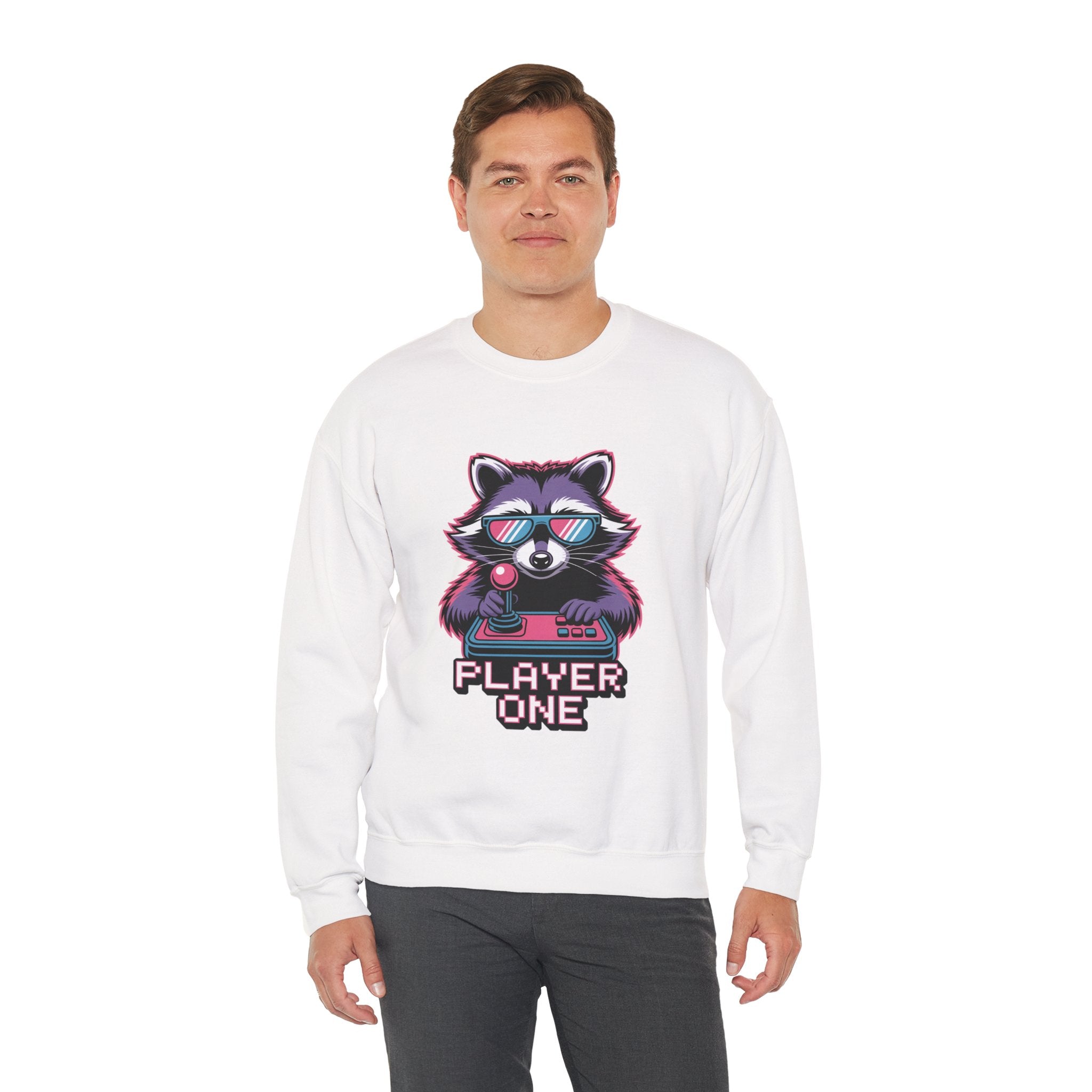 Player One Raccoon Crewneck | 80s Retro Gamer Sweater