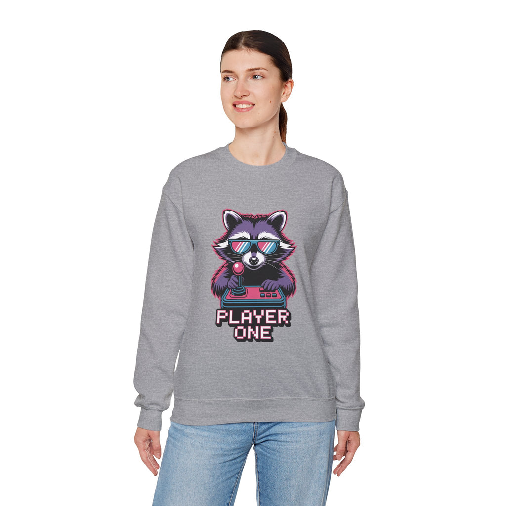Player One Raccoon Crewneck | 80s Retro Gamer Sweater