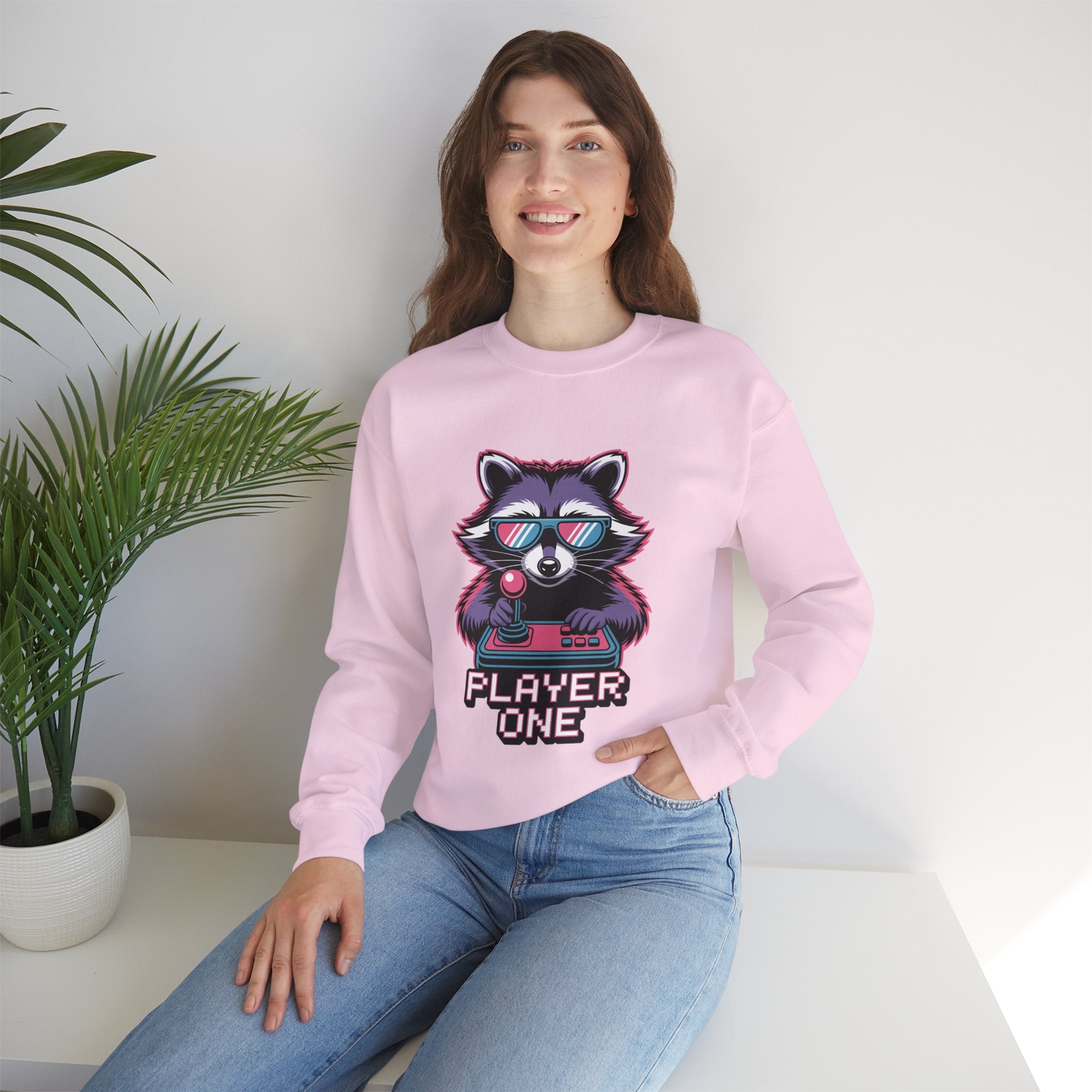 Player One Raccoon Crewneck | 80s Retro Gamer Sweater